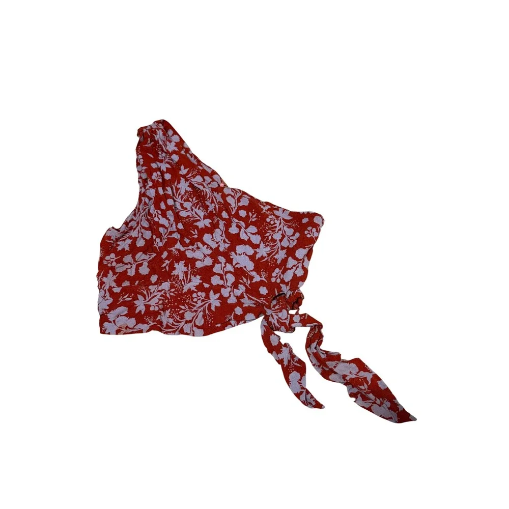 Free People Red Floral One Shoulder Smocked Crop Top Side Tie Size M